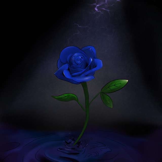 Blue Rose EP cover art: an illustrated deep blue rose growing out of dark water, lit by purple lightning against a black background