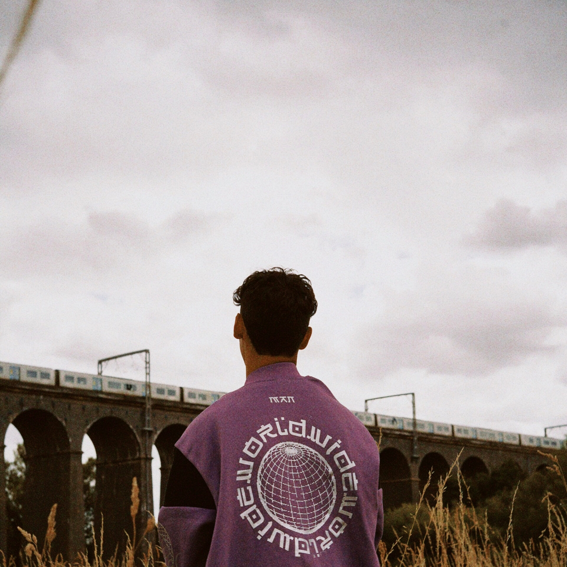 Stephen Mathes photographed from behind in a purple fleece, facing a railway viaduct in Hertfordshire